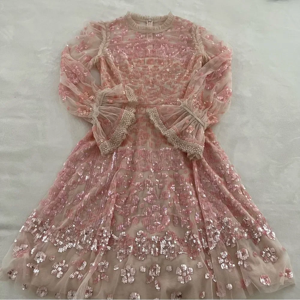 BHLDN Needle & Thread Pink Sequin Long Sleeve Dress, Size 0 NWOT